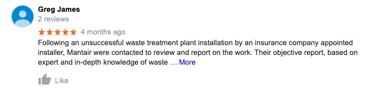 5 star Google review for treatment plant installation